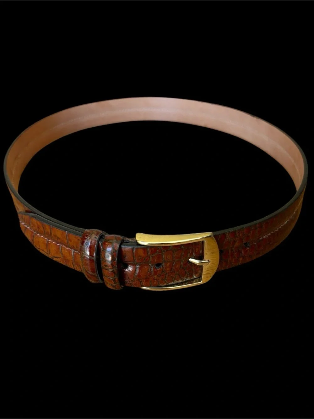 Alligator Grain Chestnut Brown Calf Leather Men’s Size 38 Belt Gold Buckle